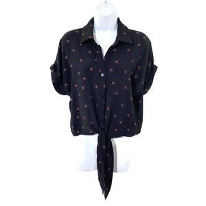 By Together Gauze Boxy button up front tie BLACK Red Dots top shirt RAYON